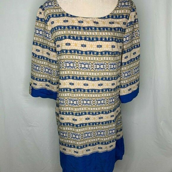 Pink Owl Shift Dress L Tan Blue Geometric - Picture 1 of 7